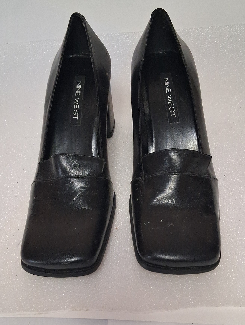 Nine West Black Leather Square-Toe Block Heel Pumps